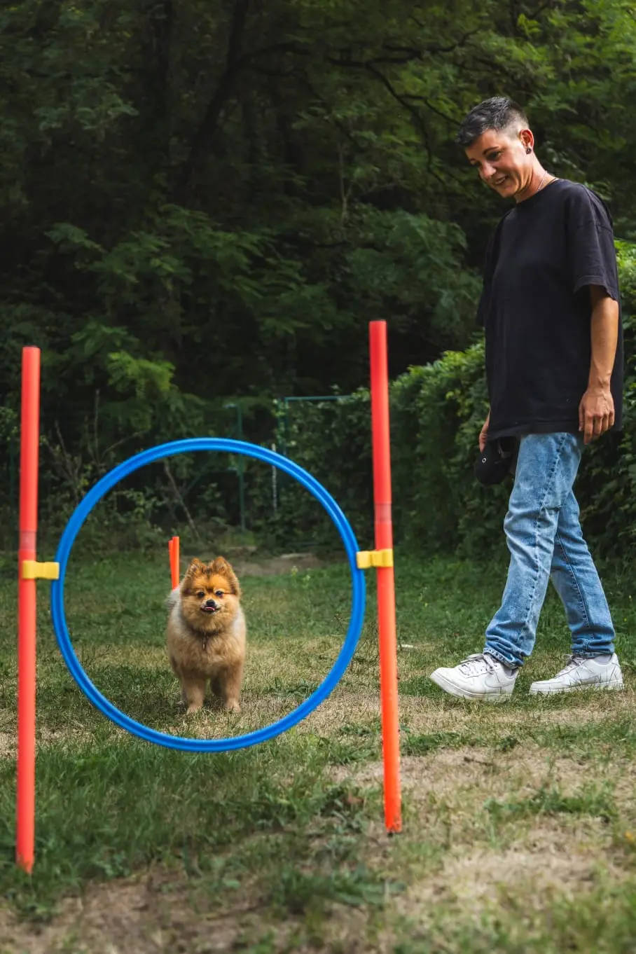 Aurélie Mancini et Roméo, son spitz, pendant un exercice d'agility
