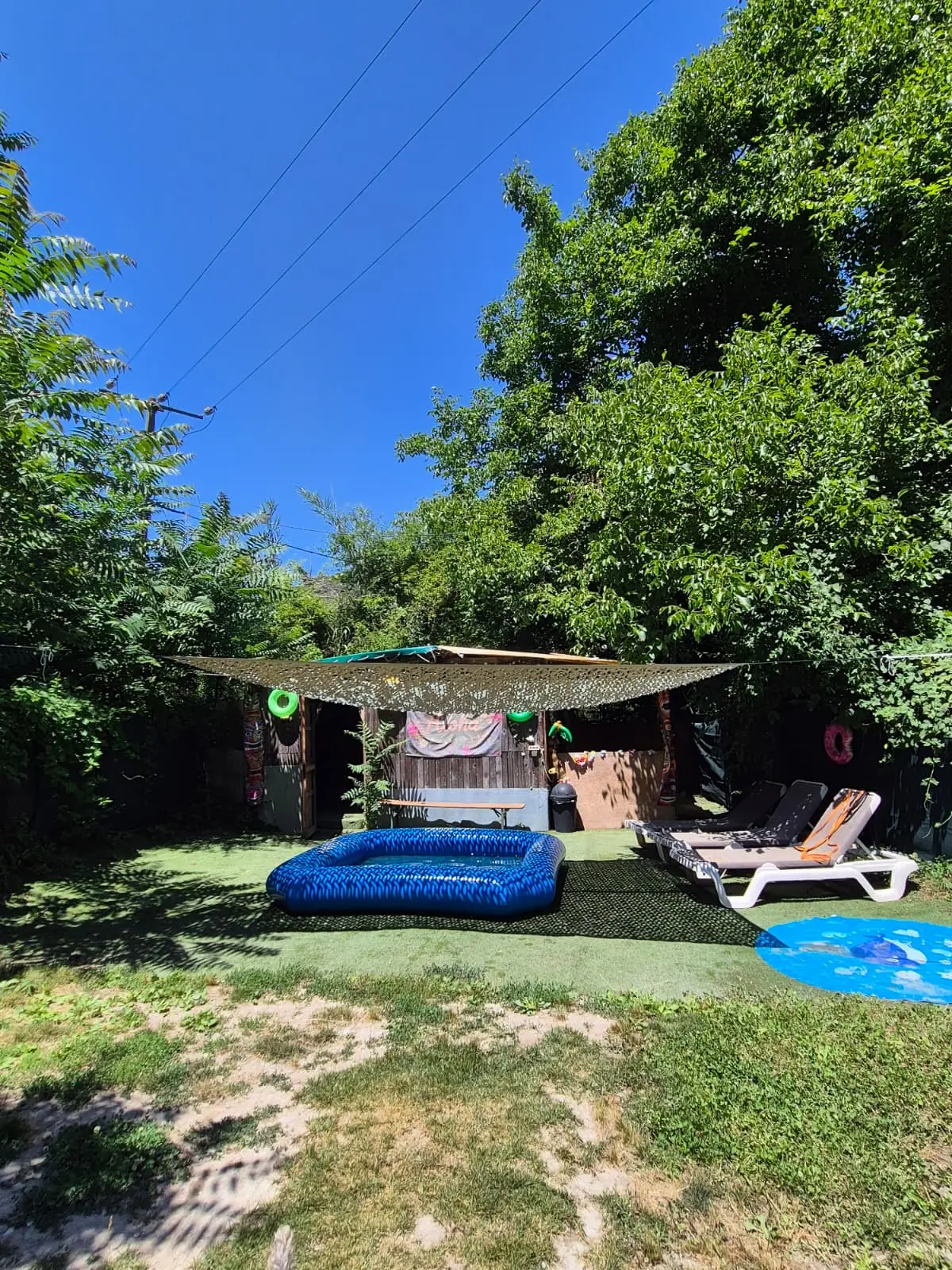 Le coin détente du terrain avec piscine pour chiens, transats et voile d'ombrage